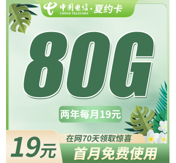 电信夏约卡19元80G+首月免费！