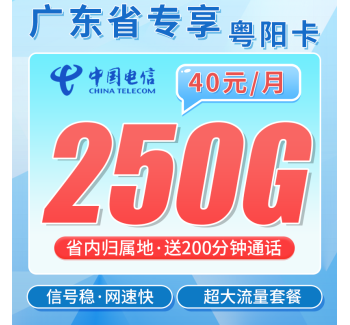 电信粤阳卡40元250G全国流量+200分钟+广东专属！