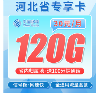 移动河北卡30元120G+100分钟+河北专属！