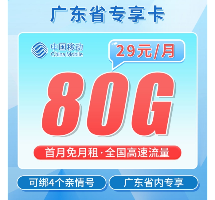 卡世界移动粤东卡29元80G