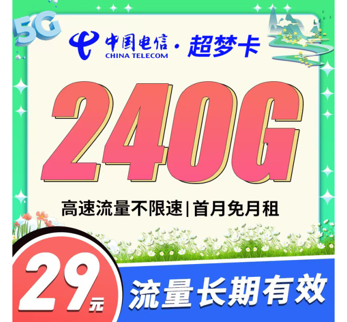 卡世界电信超梦卡29元240G，长期流量首月免租