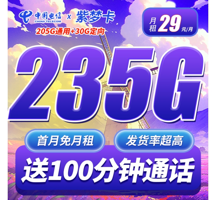 电信紫梦卡29元235G+100分钟