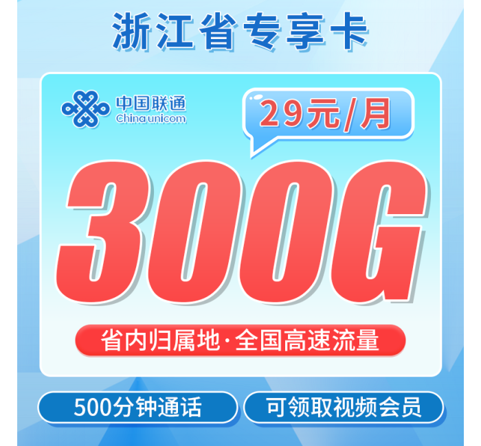 联通浙江卡29元300G+500分钟+视频会员！