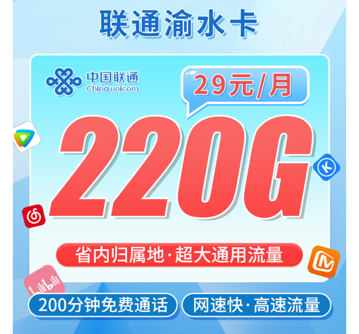 联通渝水卡29元220G+200分钟+重庆专属