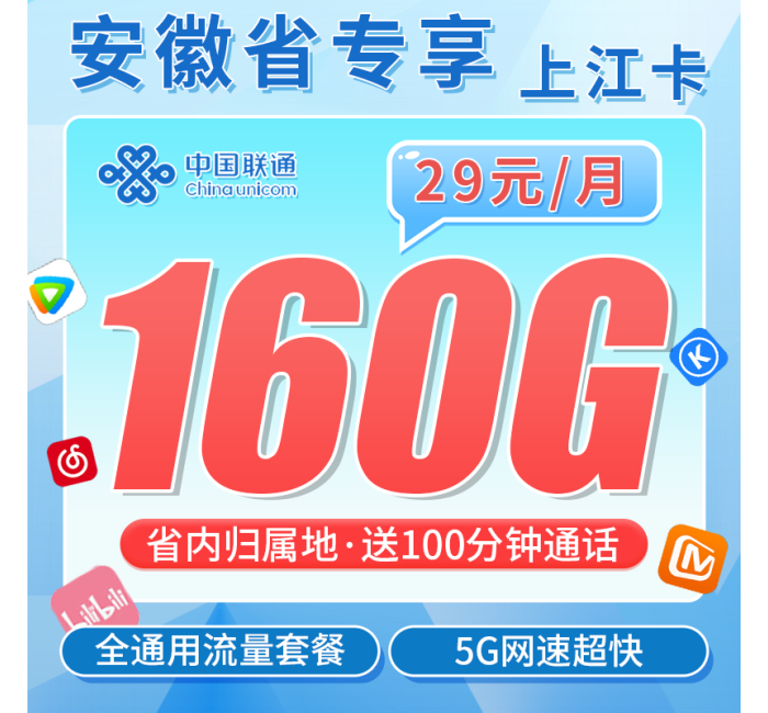 联通上江卡29元160G+100分钟+安徽专属！