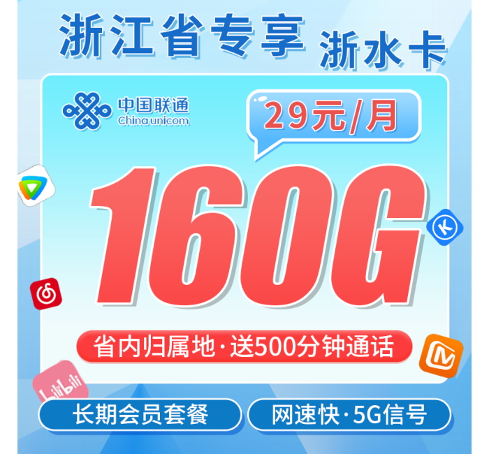 联通浙水卡29元160G+500分钟+视频会员！